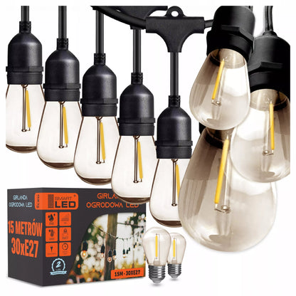 Girlanda świetlna ogrodowa 15 m, 30 żarówek LED E27 + przewód, wodoszczelna