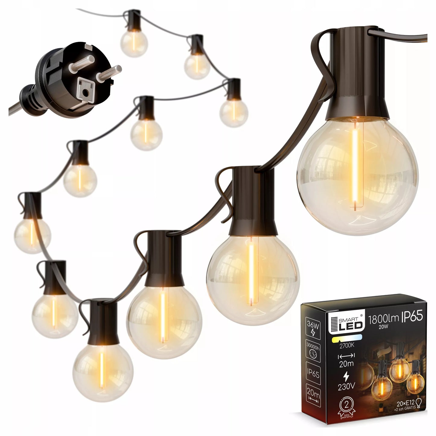 Lauko apšvietimo girlianda 20 m, 20 x 1 W LED lemputės, grandinėlė + 2 x E12 lemputės nemokamai