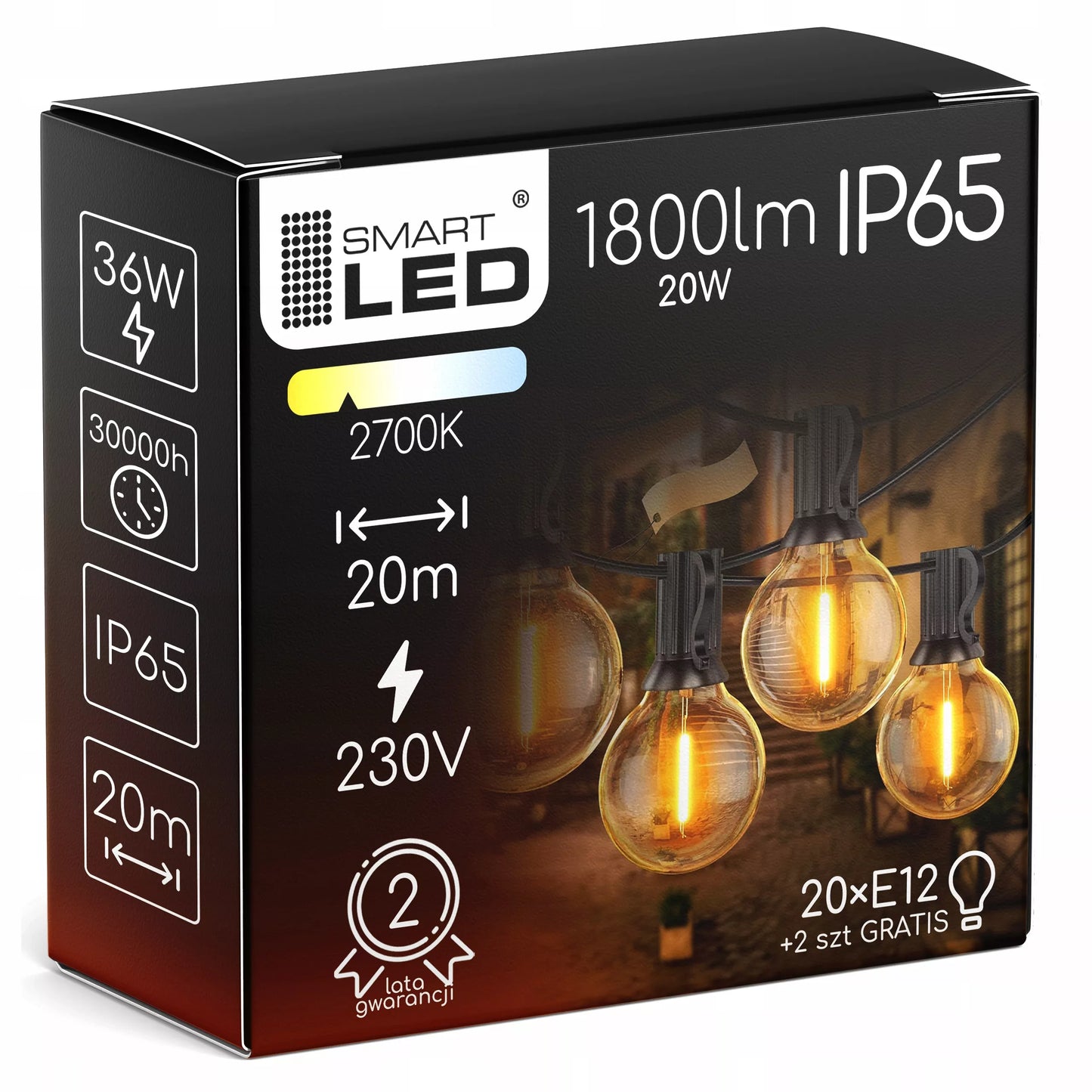 Lauko apšvietimo girlianda 20 m, 20 x 1 W LED lemputės, grandinėlė + 2 x E12 lemputės nemokamai