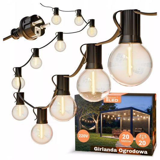 Lauko apšvietimo girlianda 20 m, 20 x 1 W LED lemputės, grandinėlė + 2 x E12 lemputės nemokamai