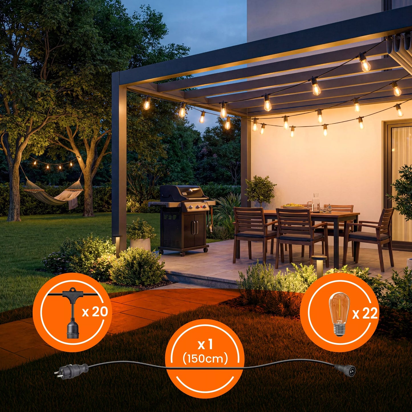 Girlanda świetlna ogrodowa 20 m, 20 żarówek LED E27 + przewód, wodoszczelna