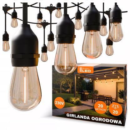 Girlanda świetlna ogrodowa 20 m, 20 żarówek LED E27 + przewód, wodoszczelna