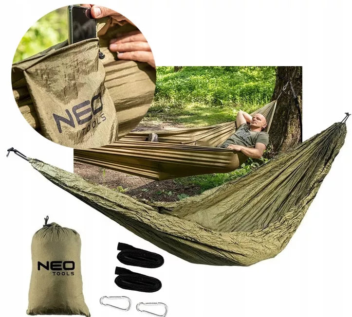 LAUKO HAMAKAS TURISTINIS STOVYKLAVIMUI SURVIVAL KARINIO STILIAUS 330x140cm