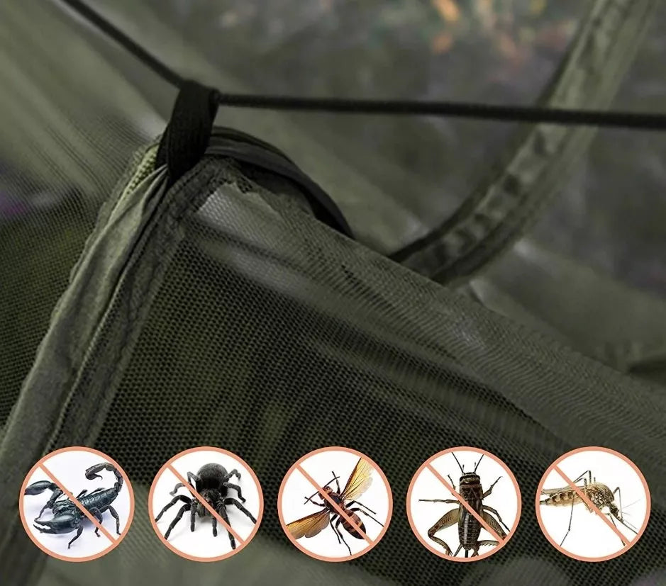 Didelis turistinis, sodo, kelioninis, survival hamakas su tinkleliu nuo uodų, skirtas stovyklavimui