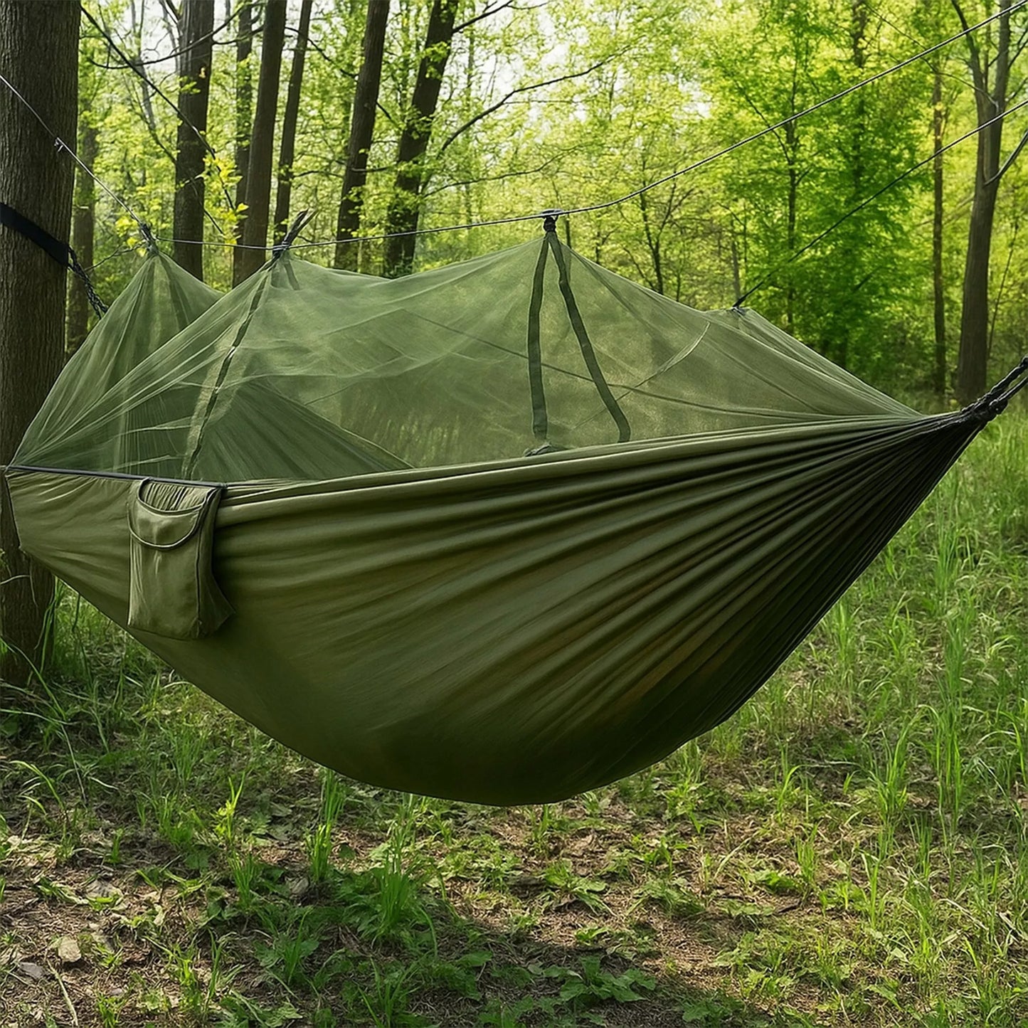Didelis turistinis, sodo, kelioninis, survival hamakas su tinkleliu nuo uodų, skirtas stovyklavimui