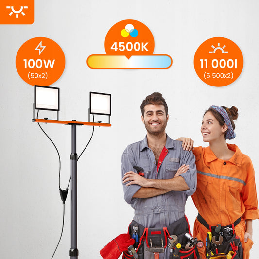 LED darbo prožektorius su stovu, 2x 50W, 11000lm