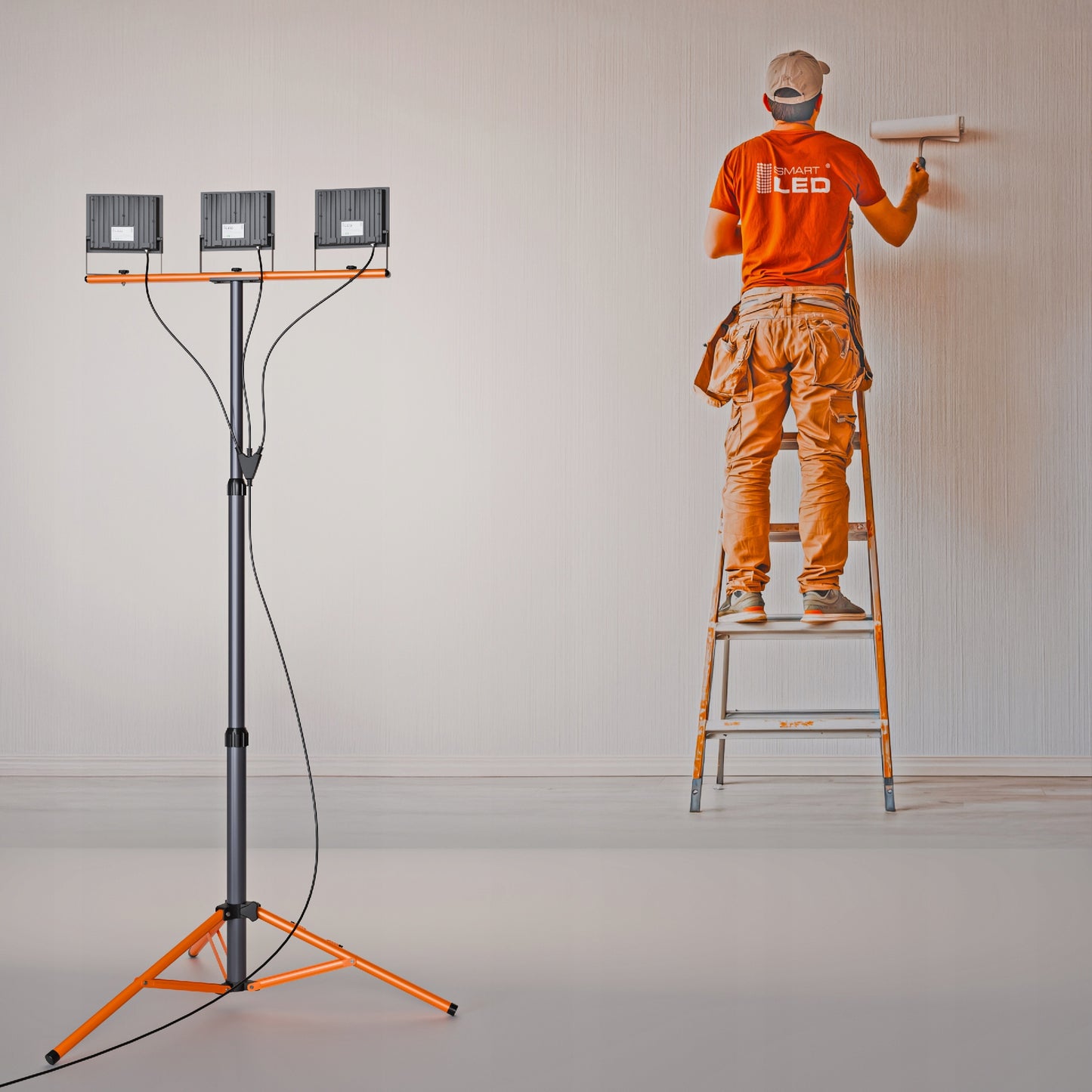 LED Halogeninis statybinis prožektorius 3x 50W 16500lm šviestuvas ant stovo