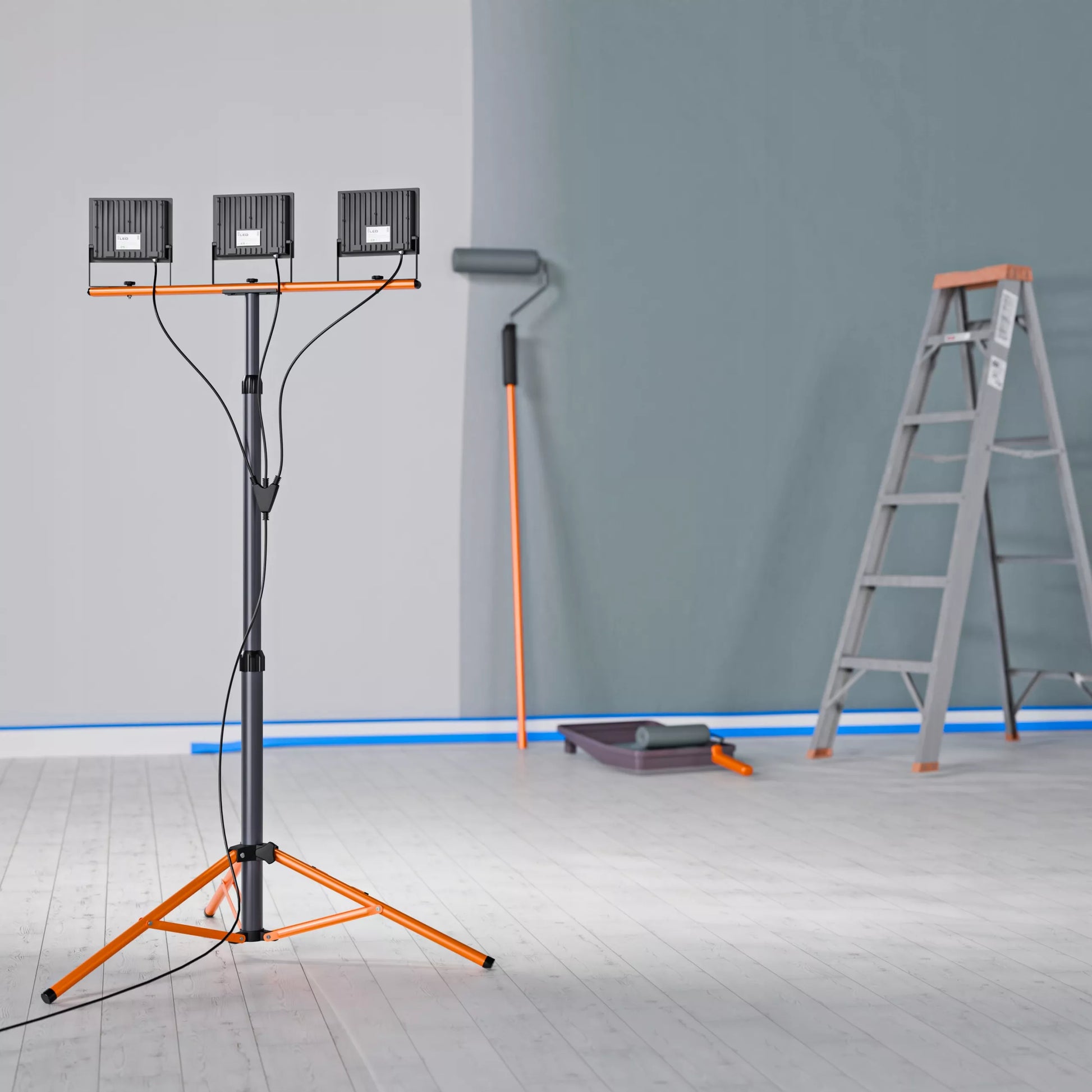 LED Halogeninis statybinis prožektorius 3x 50W 16500lm šviestuvas ant stovo