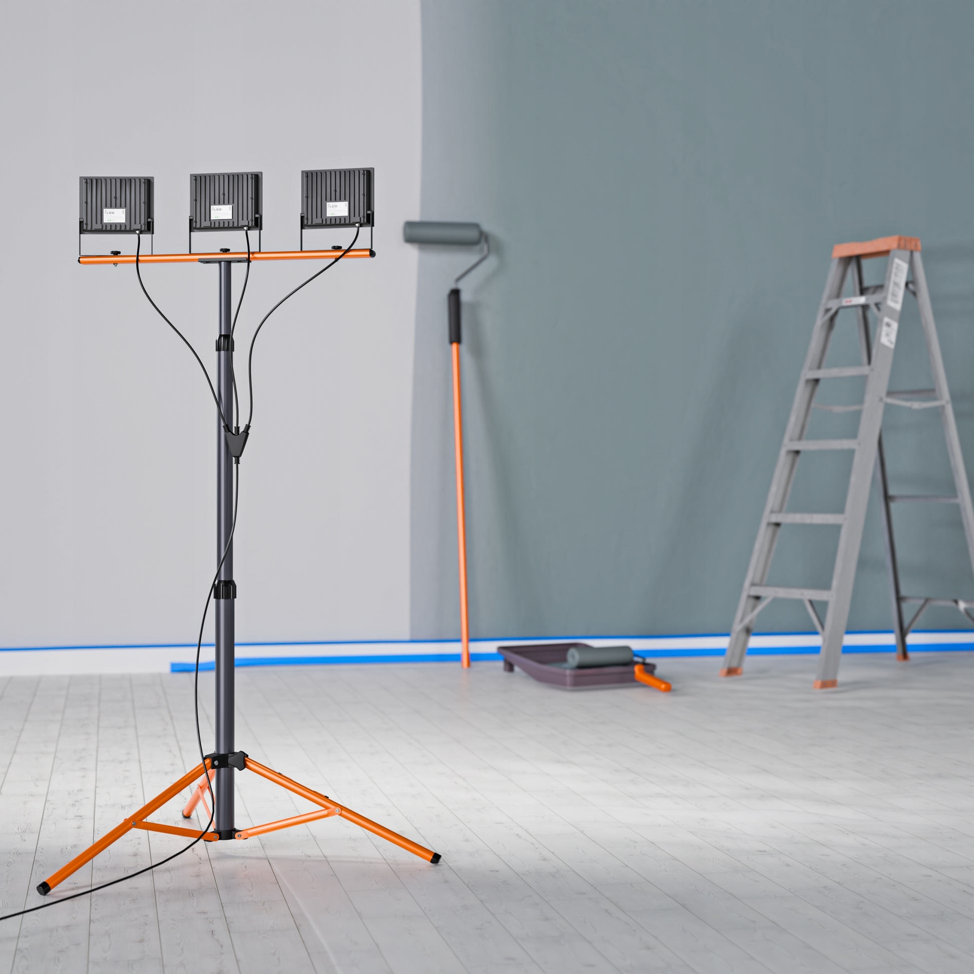 LED Halogeninis statybinis prožektorius 3x 50W 16500lm šviestuvas ant stovo