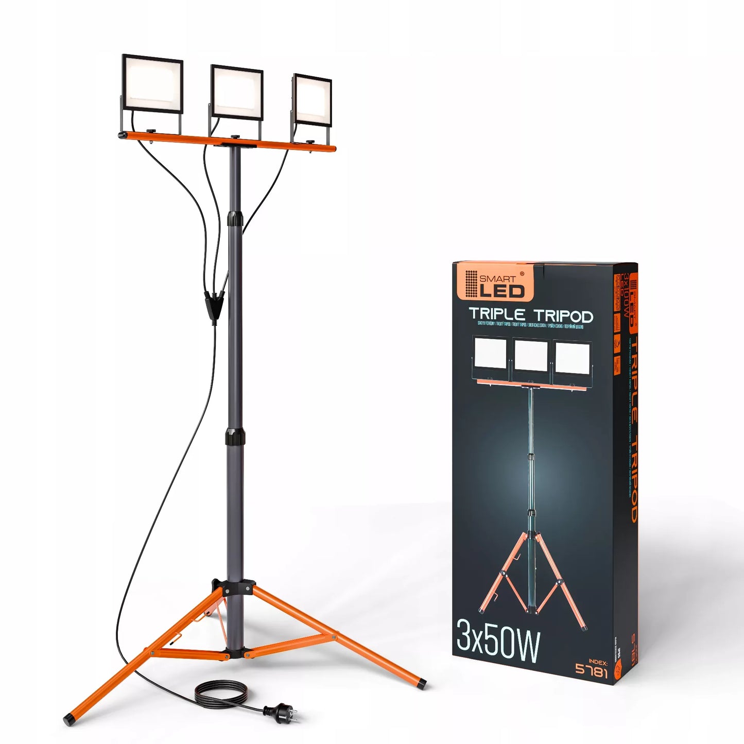 LED Halogeninis statybinis prožektorius 3x 50W 16500lm šviestuvas ant stovo