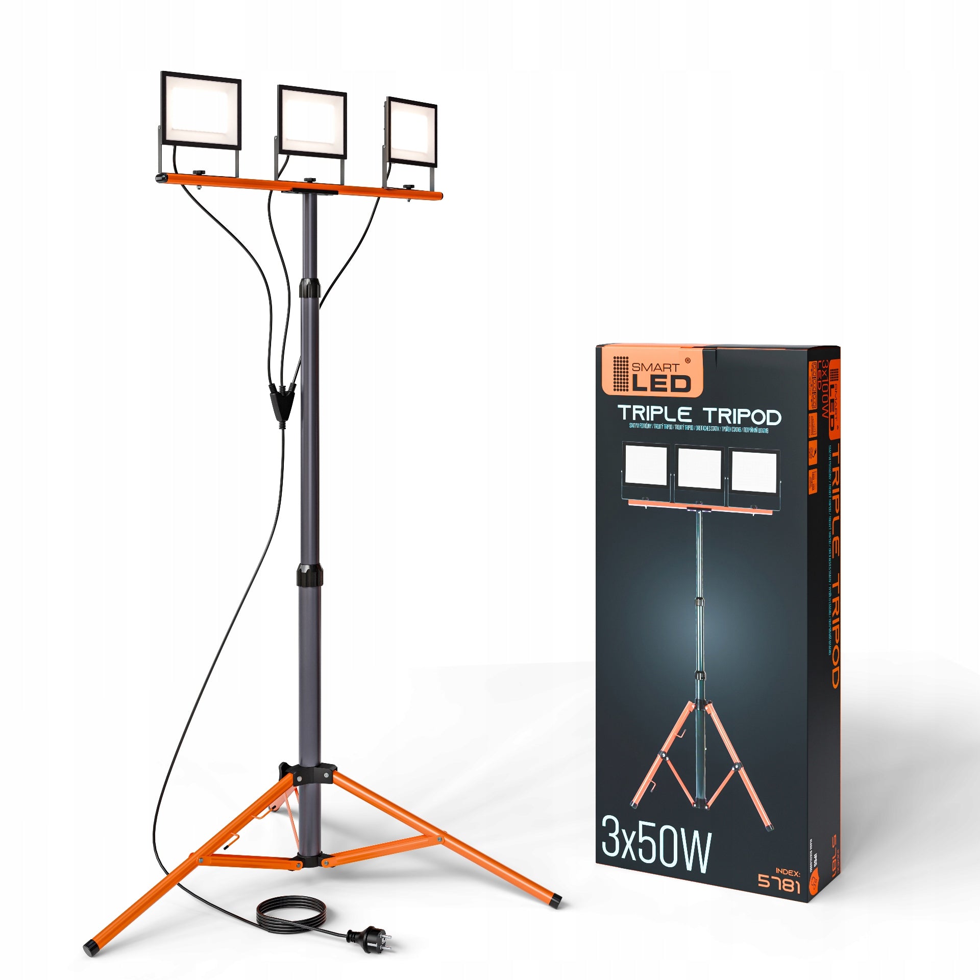 LED Halogeninis statybinis prožektorius 3x 50W 16500lm šviestuvas ant stovo