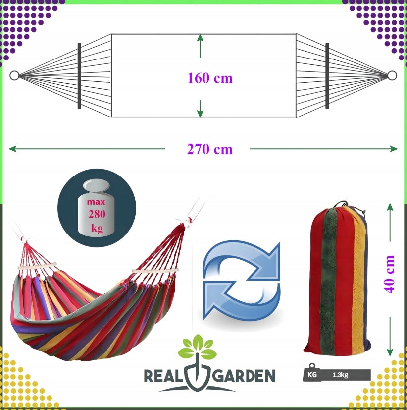 Sodo Hamakas Dviems Asmenims Supynės XXL 250x150 Sutvirtintas 280 kg Krepšys