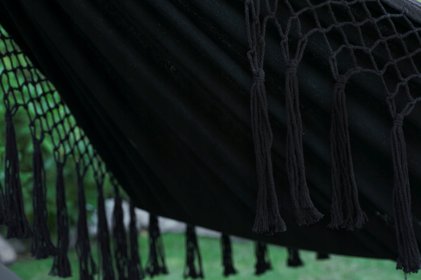 SANTIA dvivietė boho sodo hamakas su kutais ir POTENZA skersiniais