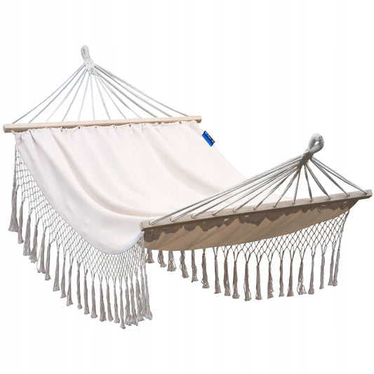 SANTIA dvivietė boho sodo hamakas su kutais ir POTENZA skersiniais