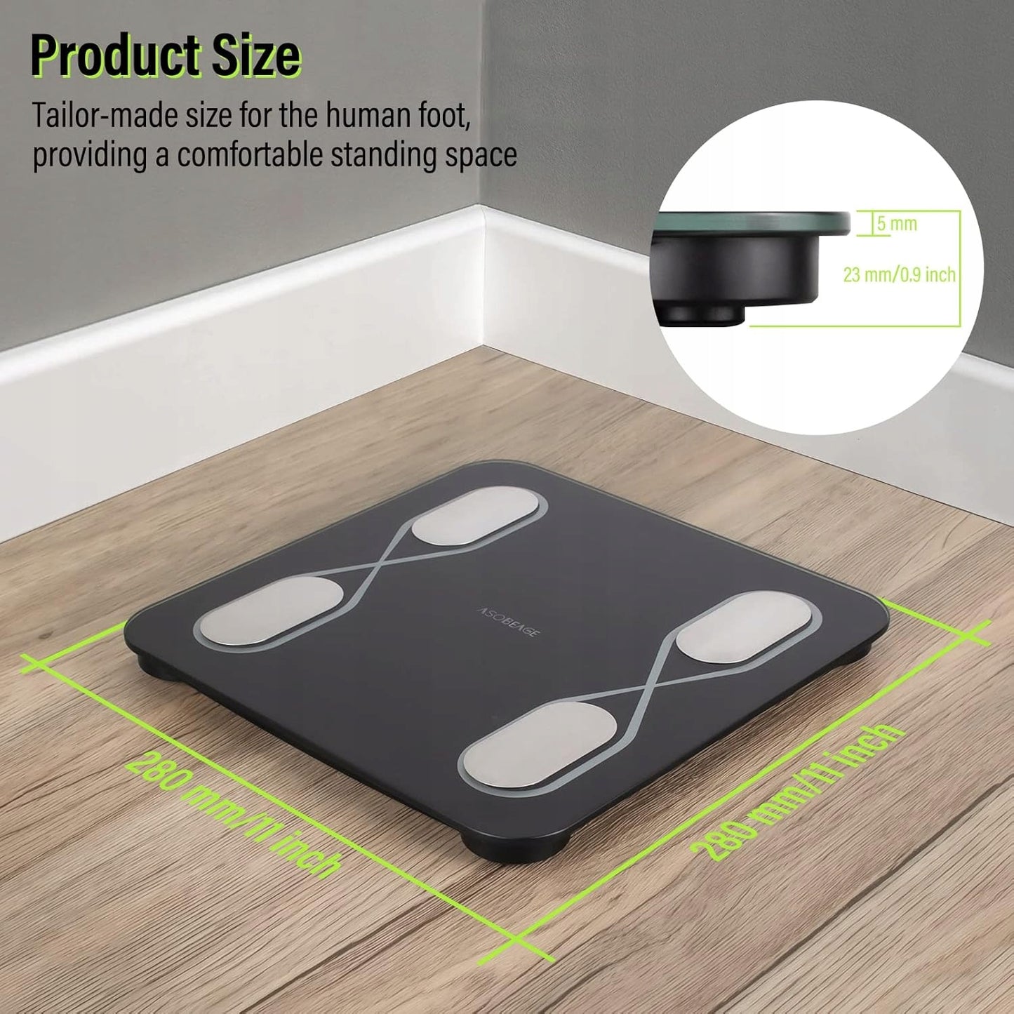 Išmaniosios vonios svarstyklės su kūno riebalų matavimu, KMI, Bluetooth, juodos