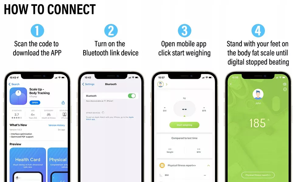 Išmaniosios vonios svarstyklės su kūno riebalų matavimu, KMI, Bluetooth, juodos
