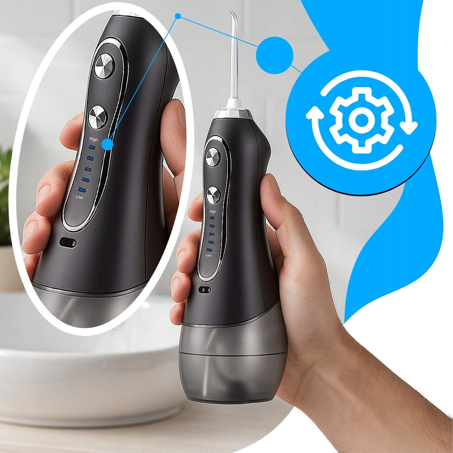 Burno irigatorius 5 režimų, 8 antgaliai, belaidis, dantų, 300ml, dėklas