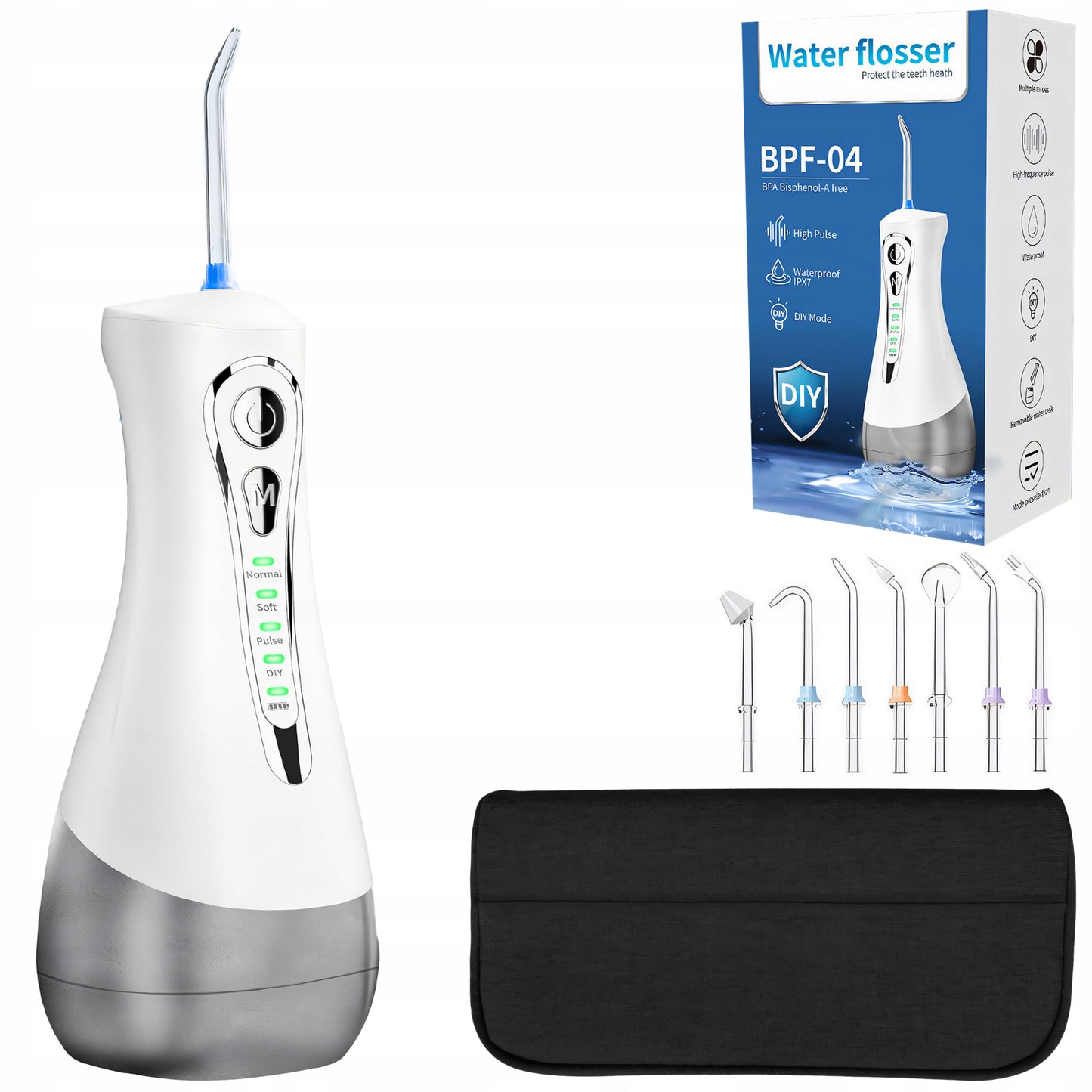 Belaidis profesionalus dantų irigatorius, 4 režimai, dėklas, 7 antgaliai, 300 ml