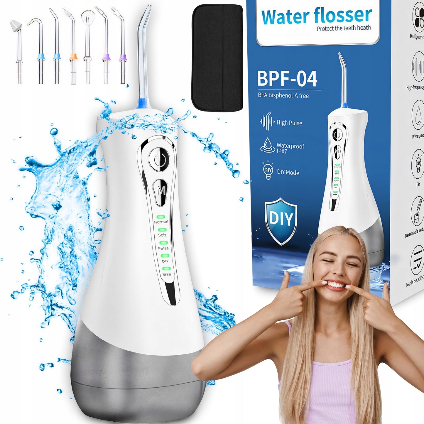 Belaidis profesionalus dantų irigatorius, 4 režimai, dėklas, 7 antgaliai, 300 ml