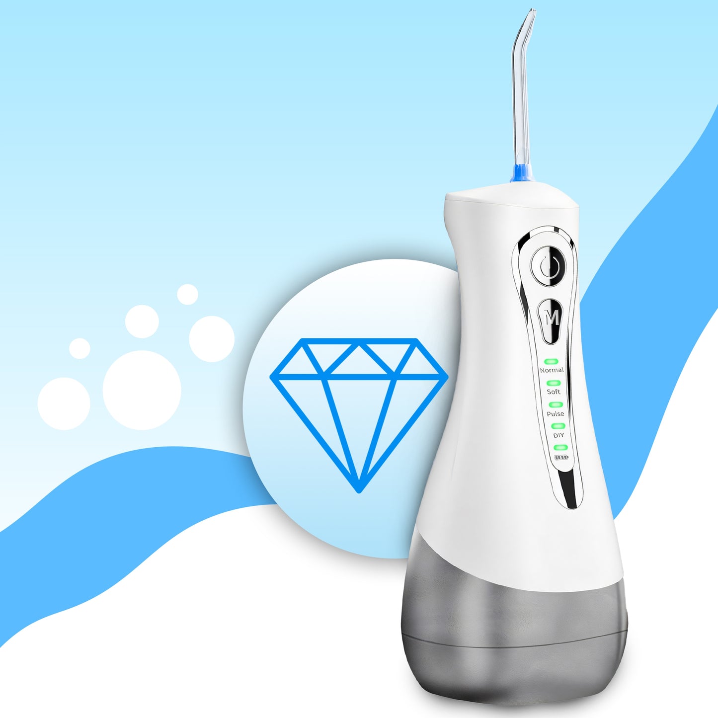 Belaidis profesionalus dantų irigatorius, 4 režimai, dėklas, 7 antgaliai, 300 ml