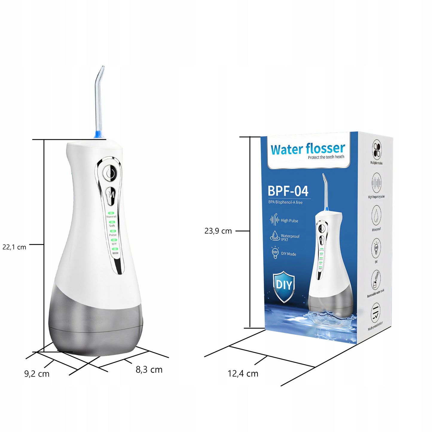 Belaidis profesionalus dantų irigatorius, 4 režimai, dėklas, 7 antgaliai, 300 ml