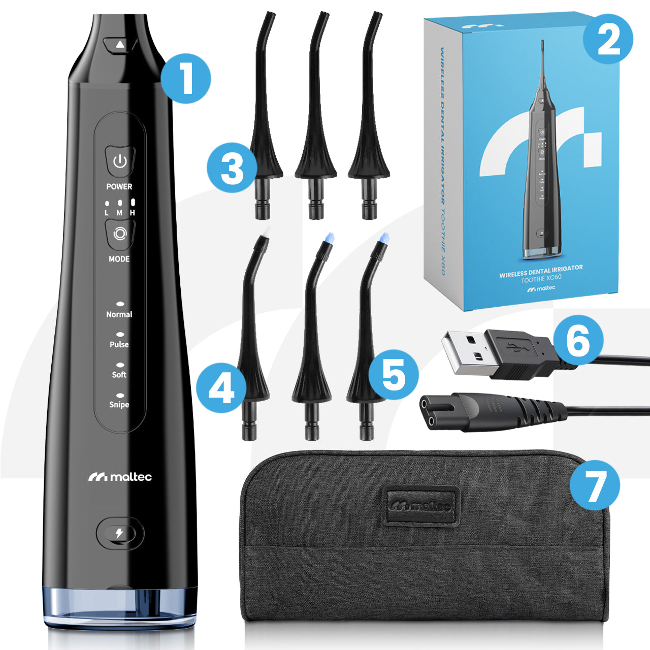 Belaidis dantų irigatorius, profesionalus, 6 antgaliai, 4 režimai, galingas 150 PSI