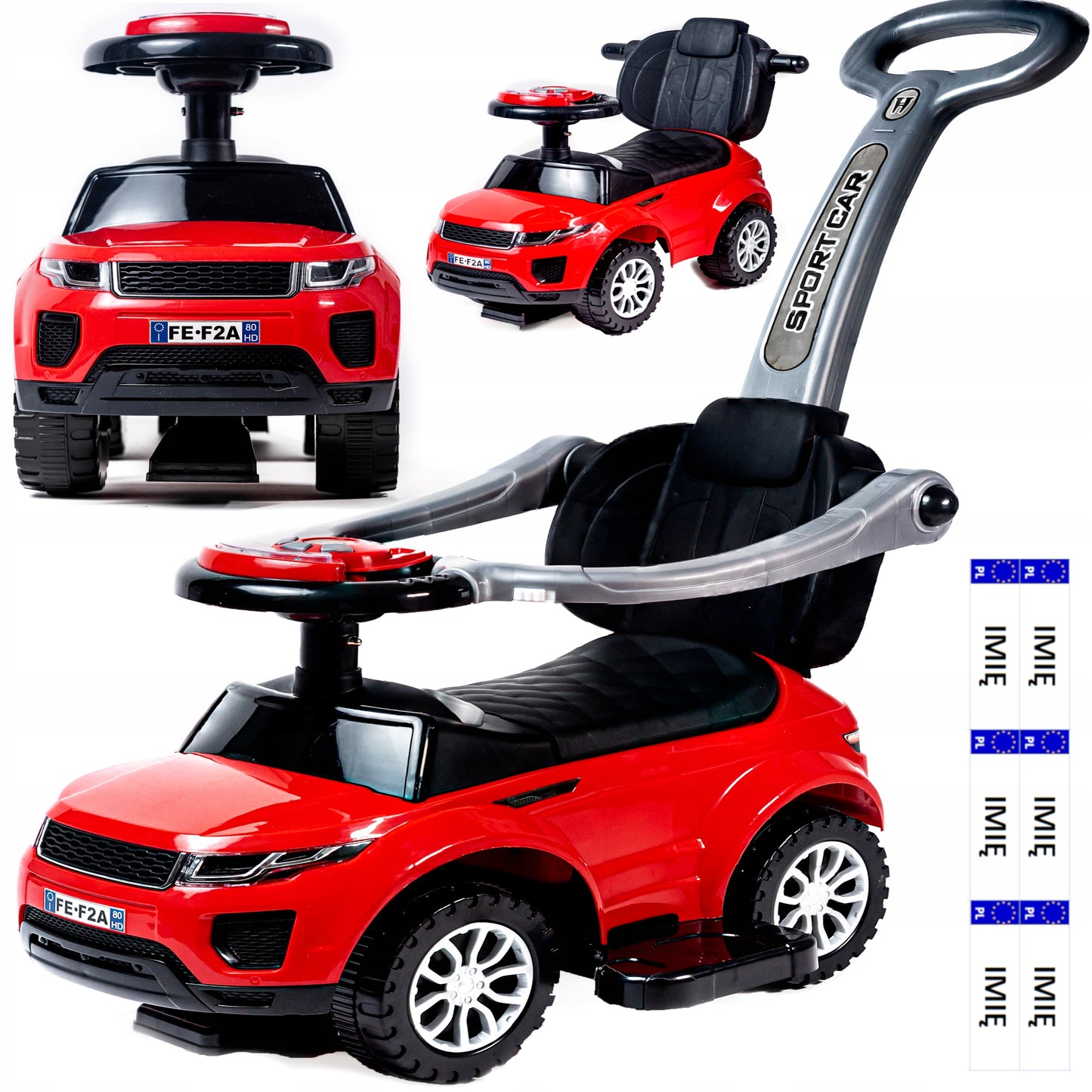 Važinėjimo, stumiamas, vaikštynės tipo automobilis 3in1, didelis, su minkšta odine sėdyne