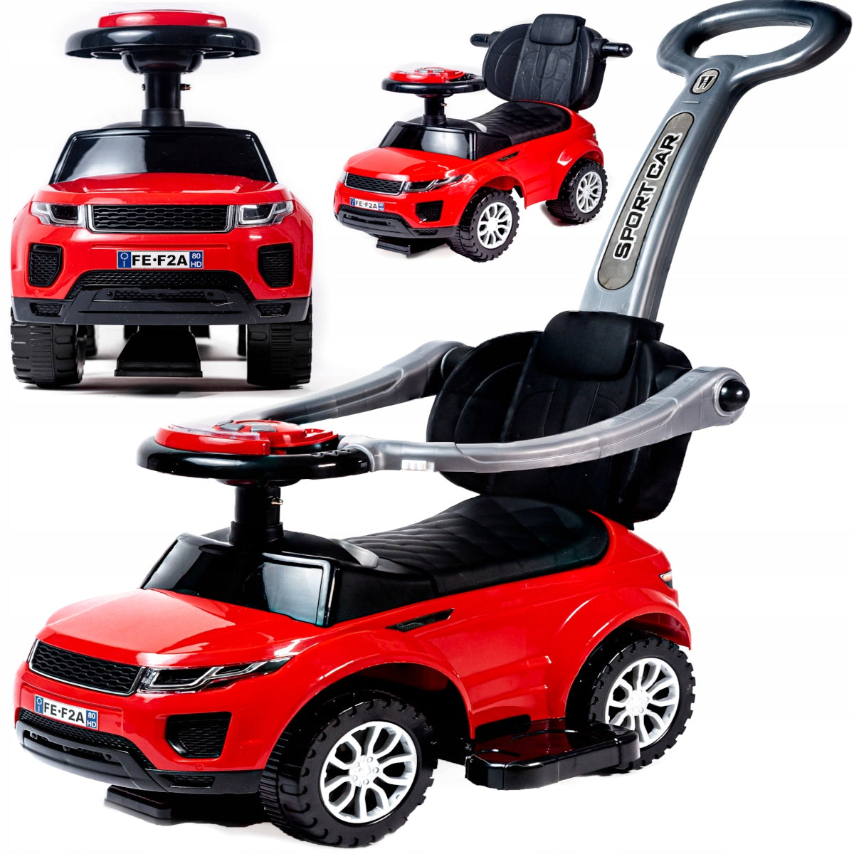 Važinėjimo, stumiamas, vaikštynės tipo automobilis 3in1, didelis, su minkšta odine sėdyne