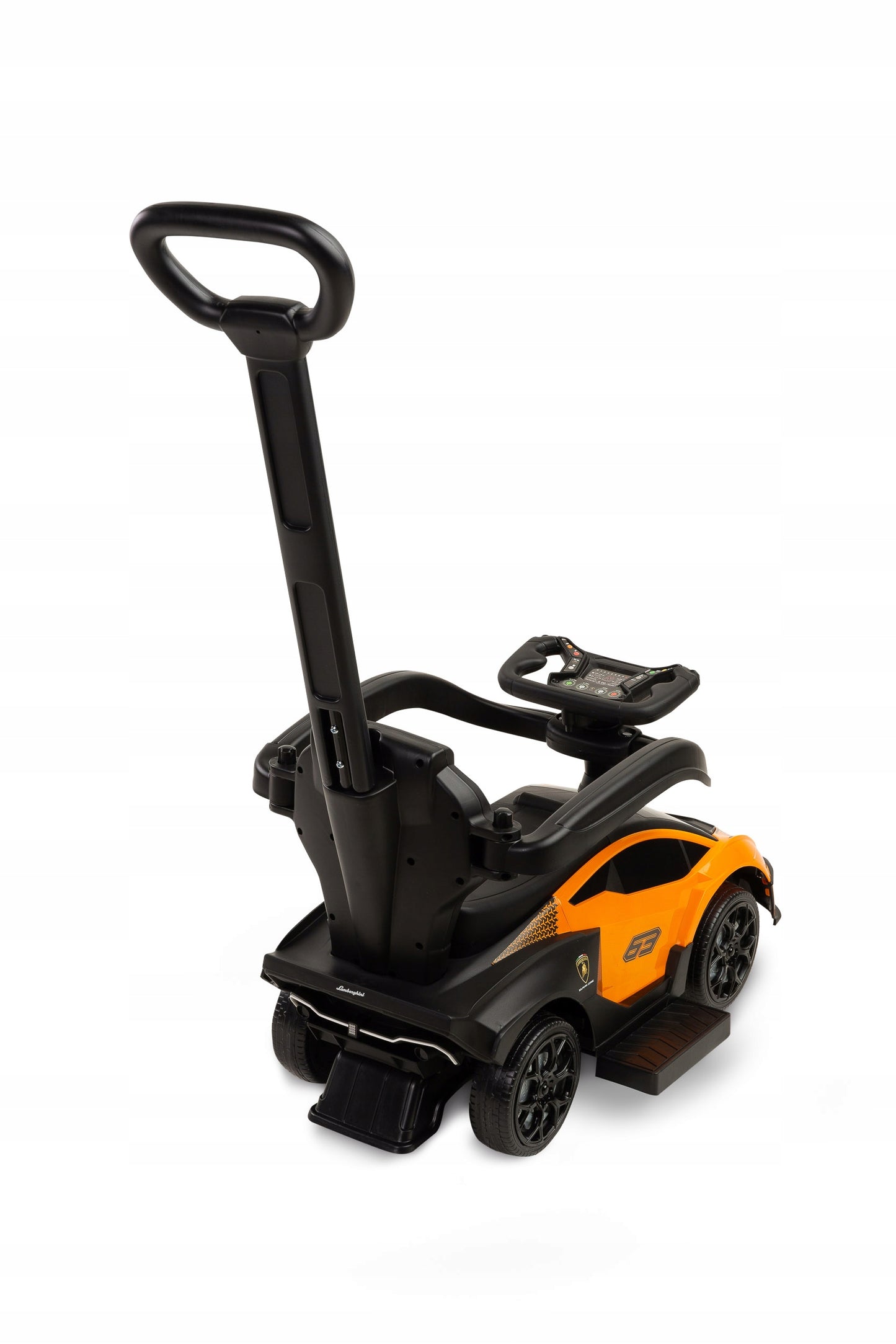 Vaikiškas paspiriamas automobilis su rankena LAMBORGHINI 3in1, žaislinis automobilis, sėdynė iš ekoodos