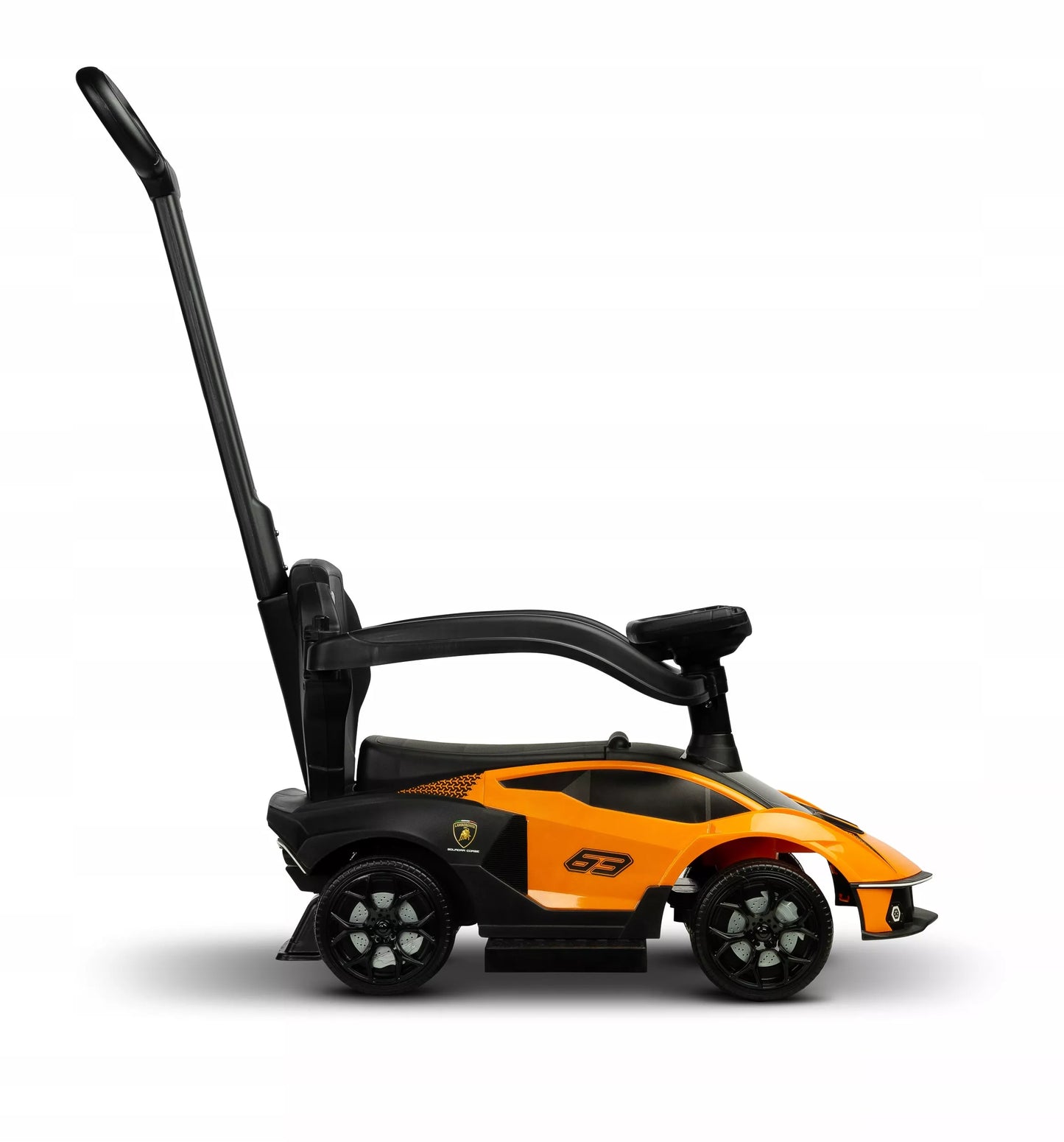 Vaikiškas paspiriamas automobilis su rankena LAMBORGHINI 3in1, žaislinis automobilis, sėdynė iš ekoodos