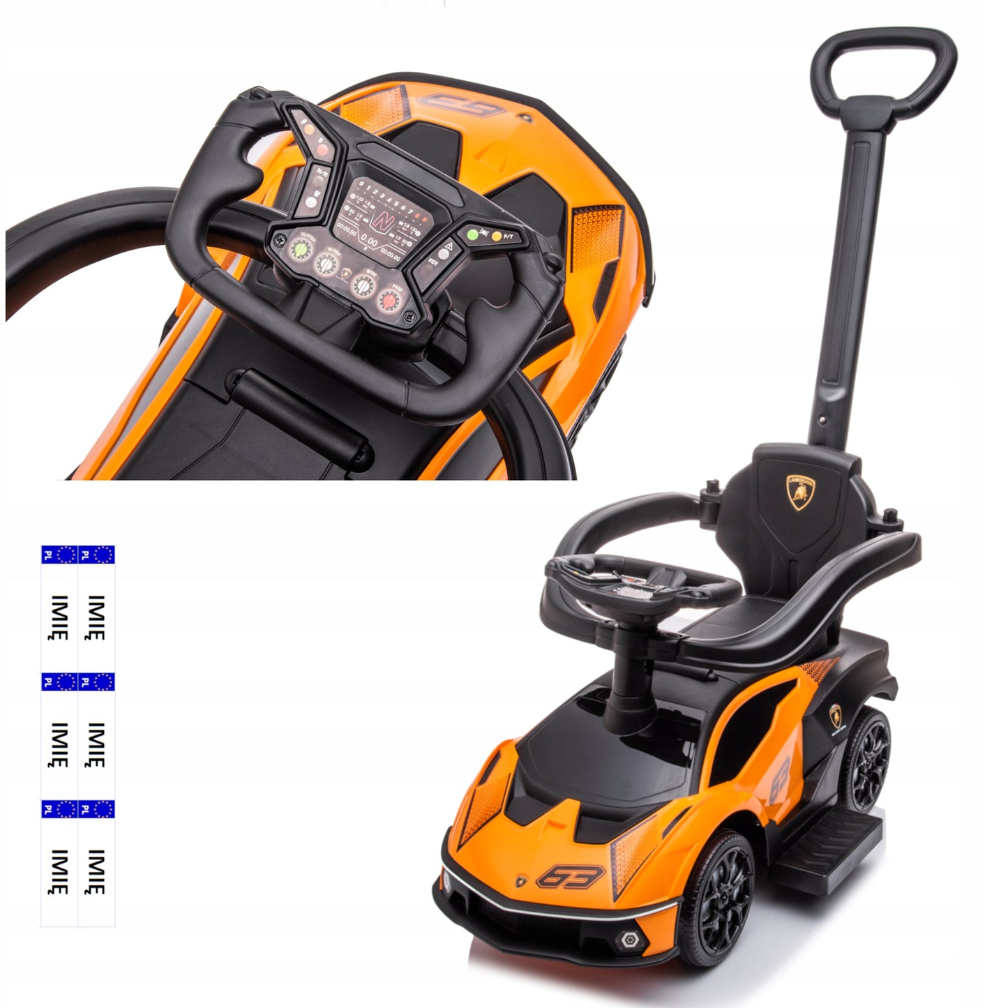 Vaikiškas paspiriamas automobilis su rankena LAMBORGHINI 3in1, žaislinis automobilis, sėdynė iš ekoodos