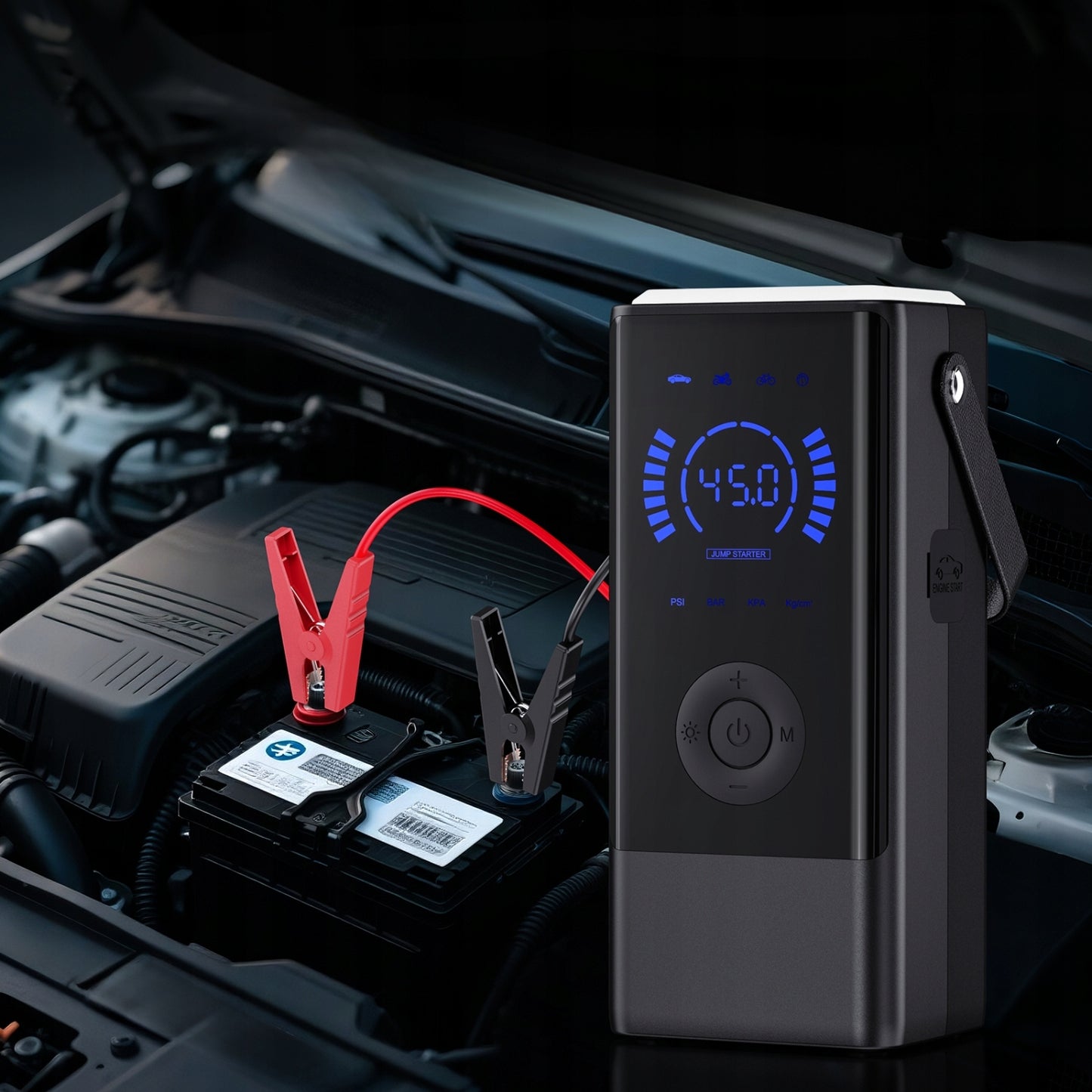 JUMP STARTER 4w1 AUTOMOBILIO UŽVEDIMAS KOMPRESORIUS POWERBANK ŽIBINTUVĖLIS LCD EKRANAS