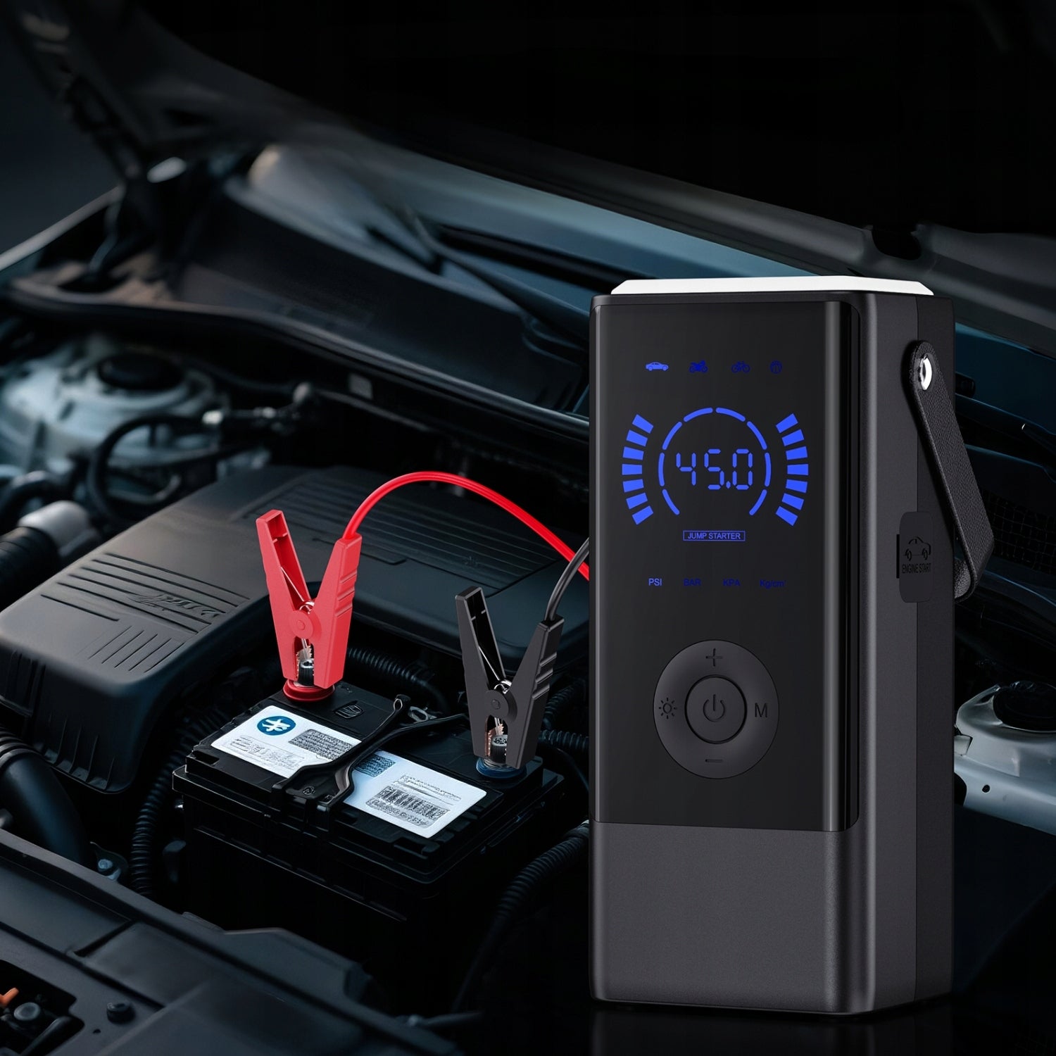 JUMP STARTER 4w1 AUTOMOBILIO UŽVEDIMAS KOMPRESORIUS POWERBANK ŽIBINTUVĖLIS LCD EKRANAS