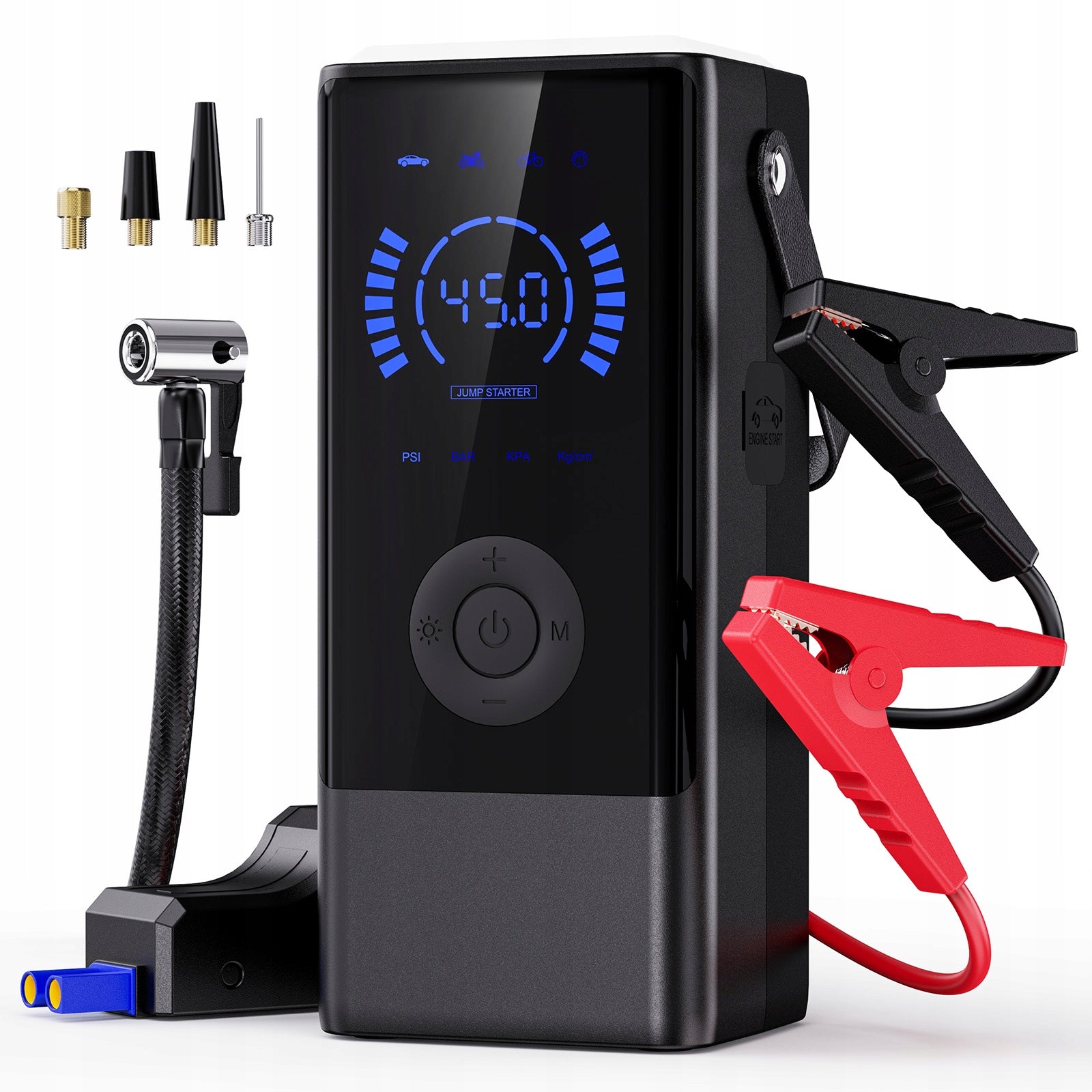 JUMP STARTER 4w1 AUTOMOBILIO UŽVEDIMAS KOMPRESORIUS POWERBANK ŽIBINTUVĖLIS LCD EKRANAS