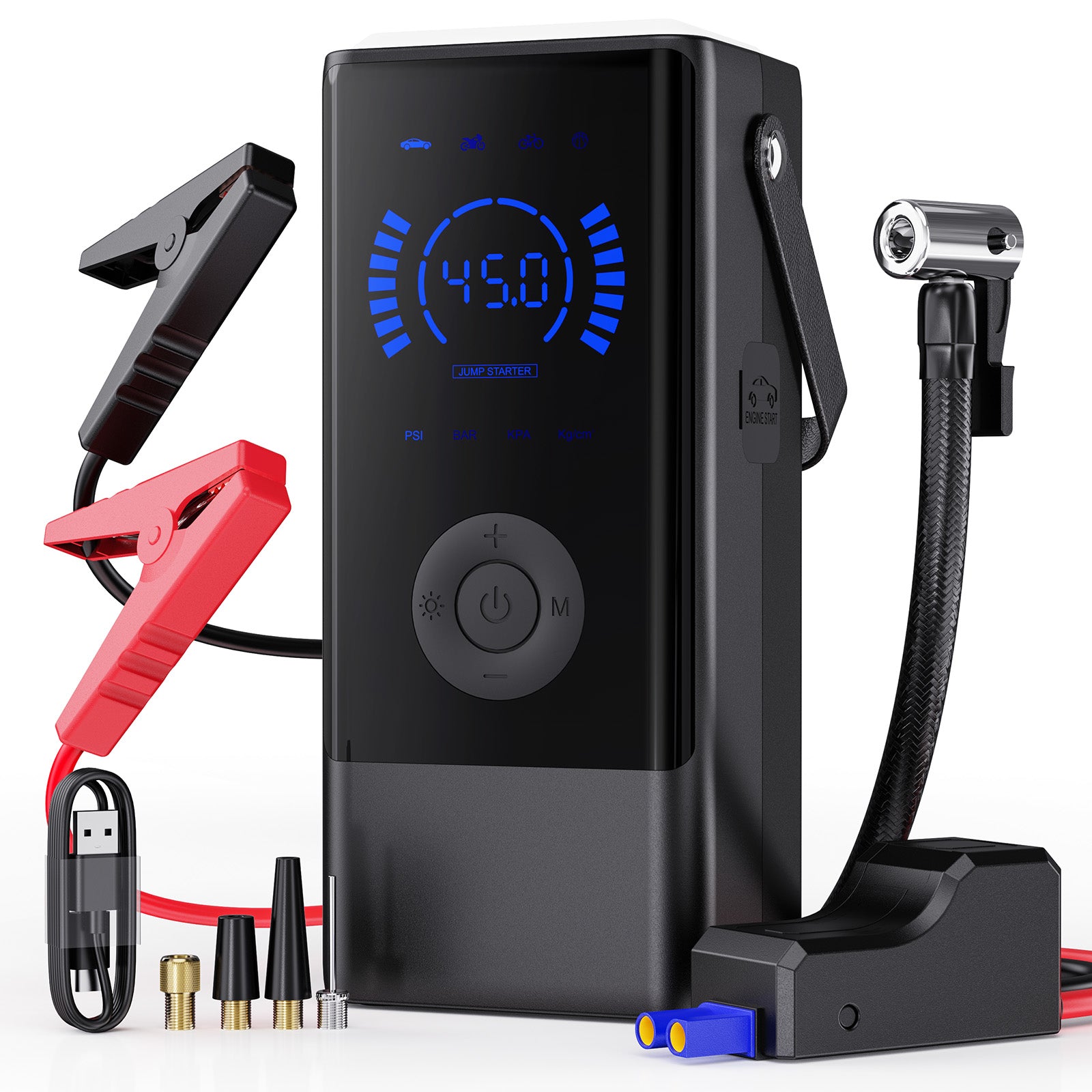 JUMP STARTER 4w1 AUTOMOBILIO UŽVEDIMAS KOMPRESORIUS POWERBANK ŽIBINTUVĖLIS LCD EKRANAS