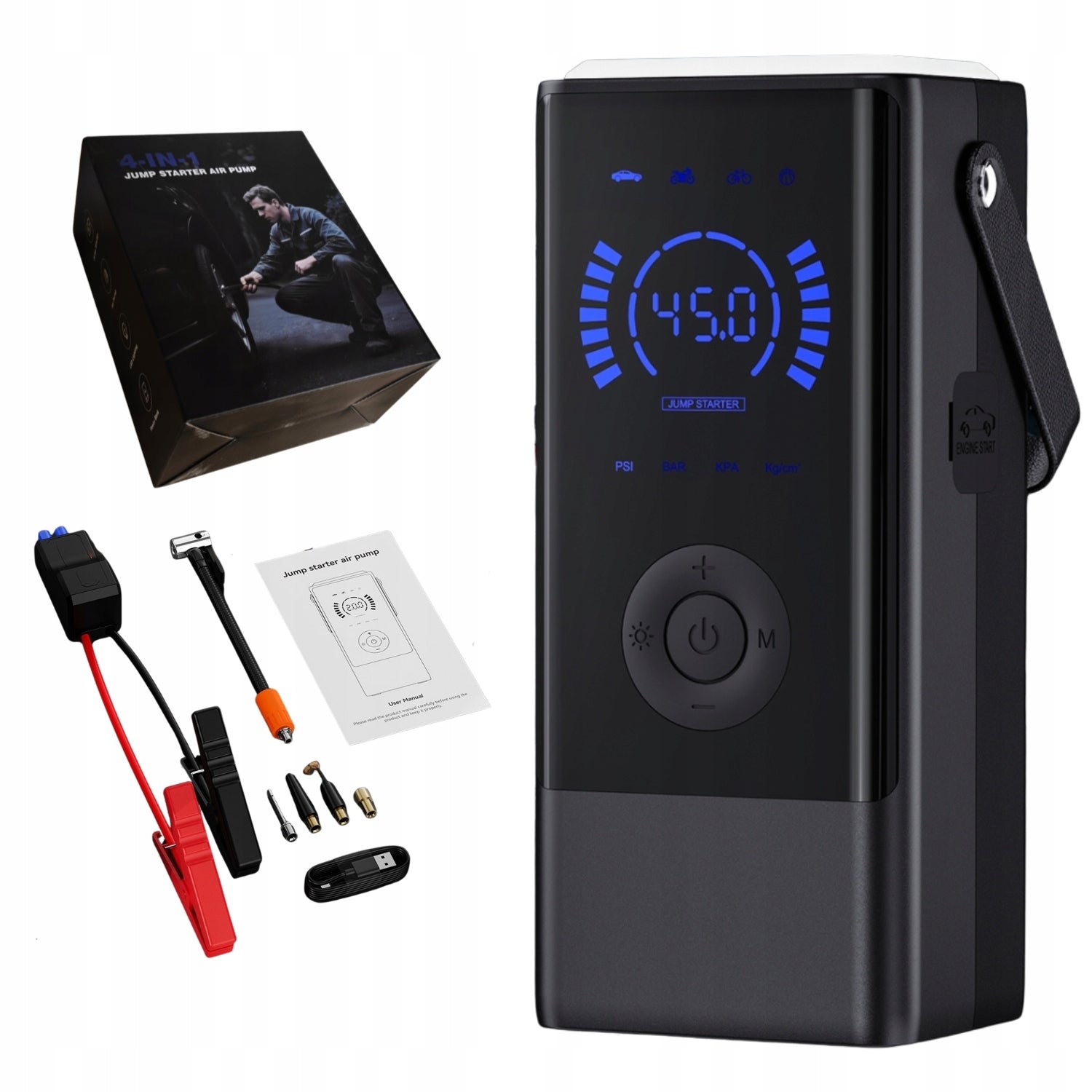 JUMP STARTER 4w1 AUTOMOBILIO UŽVEDIMAS KOMPRESORIUS POWERBANK ŽIBINTUVĖLIS LCD EKRANAS