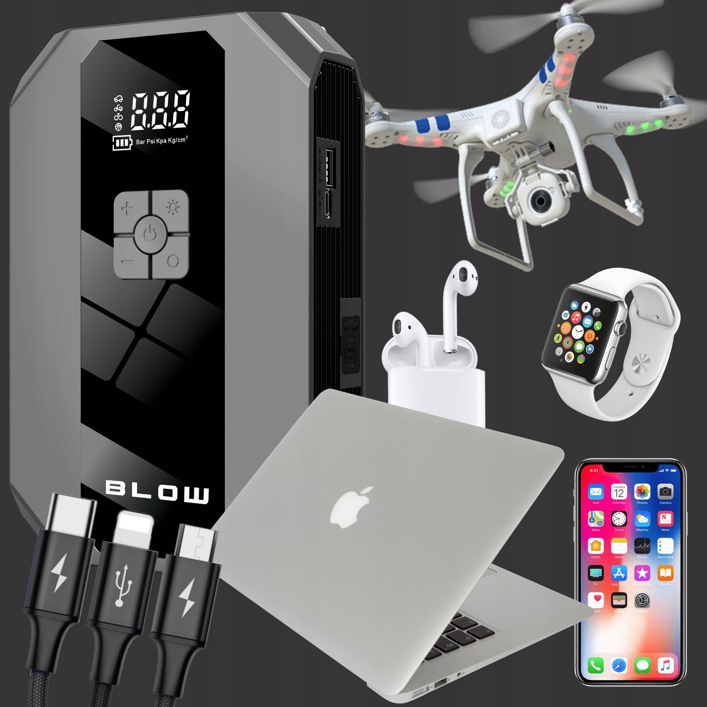 JUNGIMO STUMTUVAS KOMPRESORIUS SIURBLYS STARTERIS POWERBANK 600A GALINGAS 16000mAh