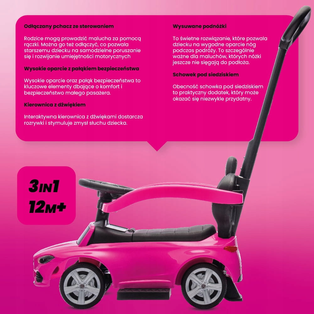 Vaikiškas stumdukas-važiuoklis mergaitei Mercedes C-Class, su atrama kojoms