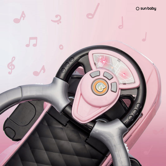 Vaikiškas stumiamas automobilis-vežimėlis su stumduku ir pakoju mergaitei, sportinio automobilio dizainas, su daiktadėže