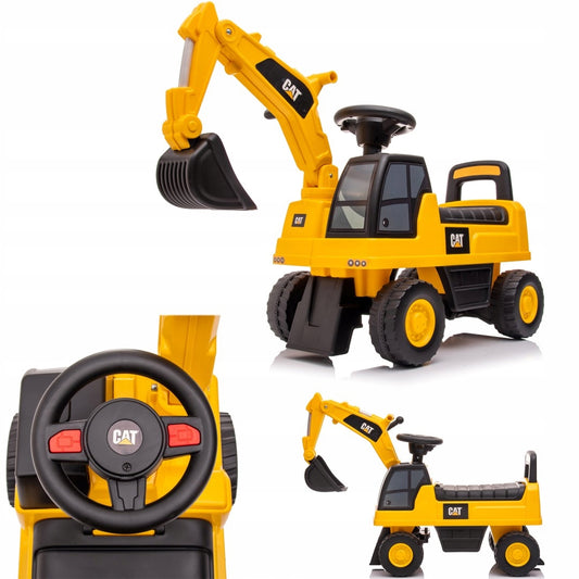 Vaikiškas automobilis-kasikas CAT, stumdukas, skirtas smeliui, pirmajam gimtadieniui, dideli ratai