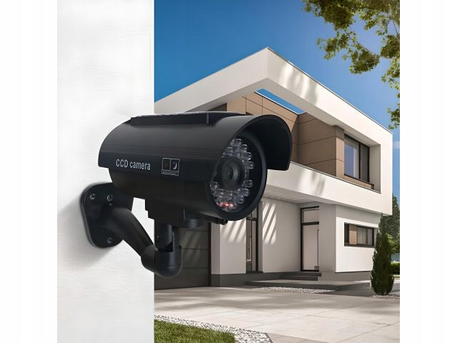 Imitacinė CCTV kamera su saulės energija, stebėjimo kamera, mirksinti LED lemputė, skirta montuoti ant sienos