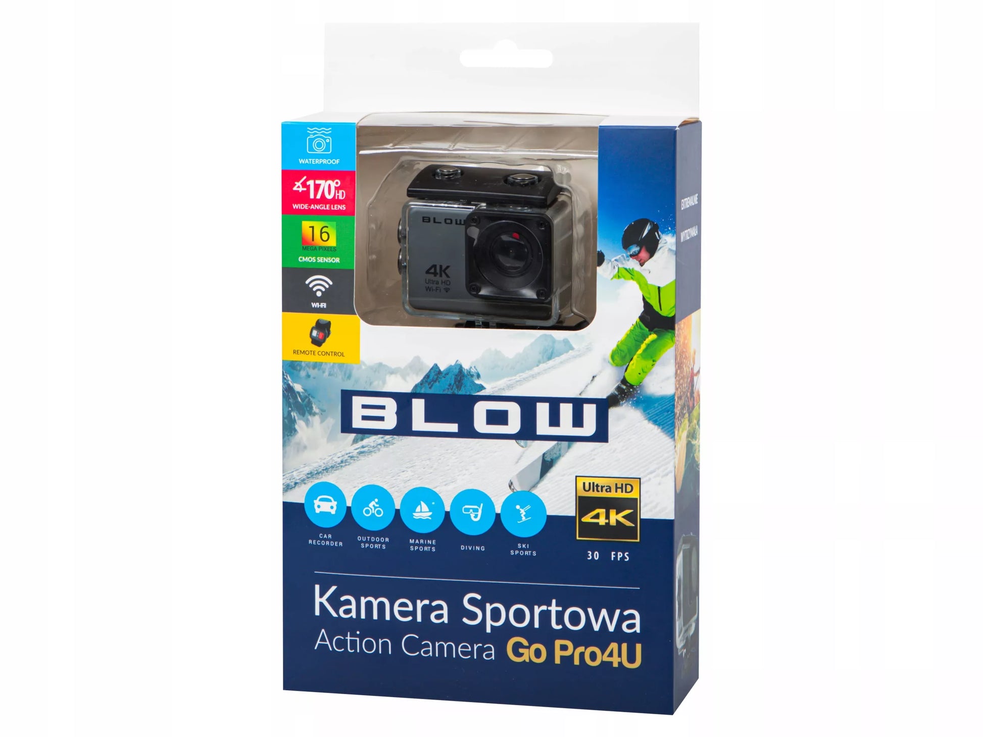 Sportinė kamera BLOW GoPro4U 4K WiFi USB su vandeniui atspariu dėklu ir priedų rinkiniu