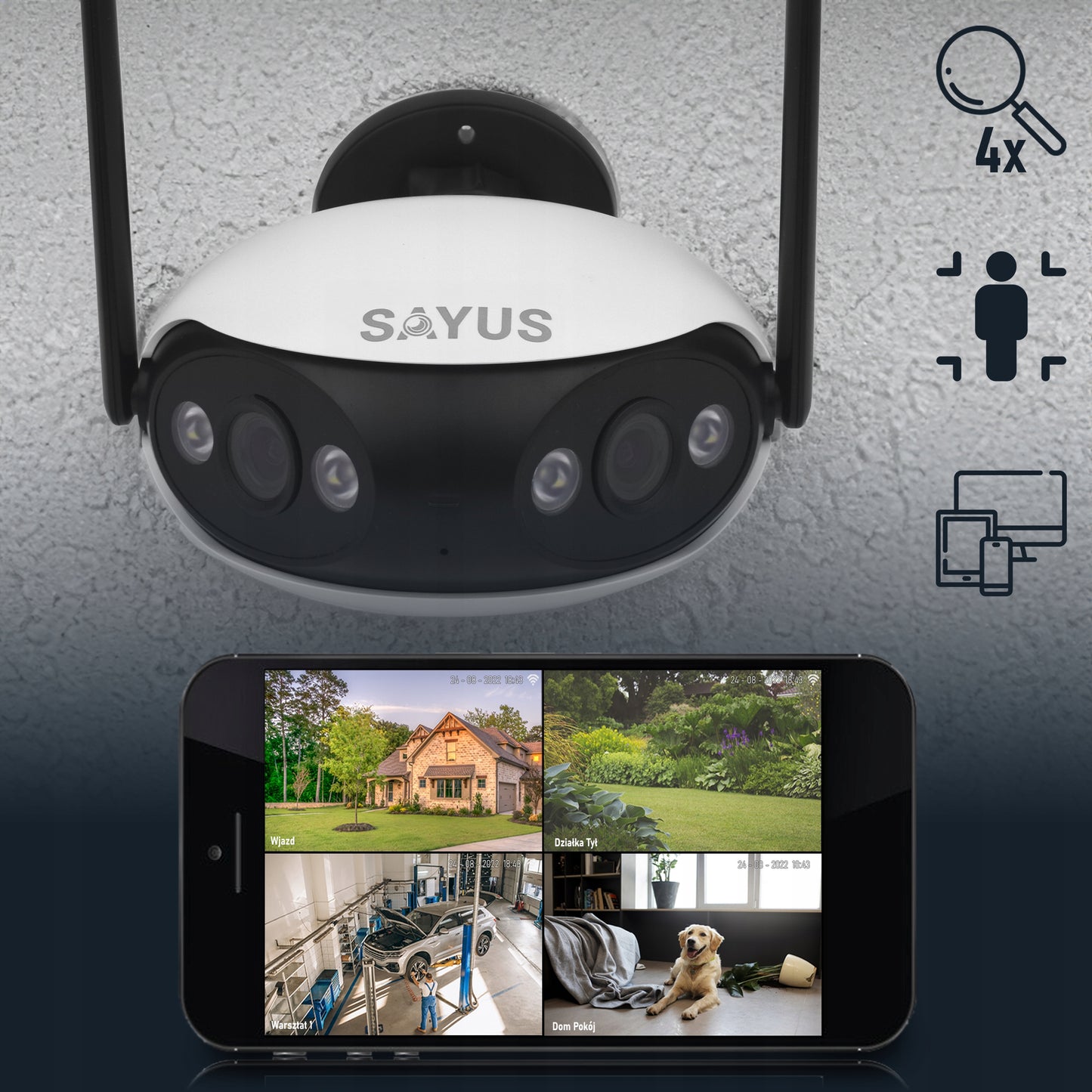 Lauko kamera 4MPx IP Wi-Fi, plačia kampo, panoraminė 165°, dviejų objektyvų