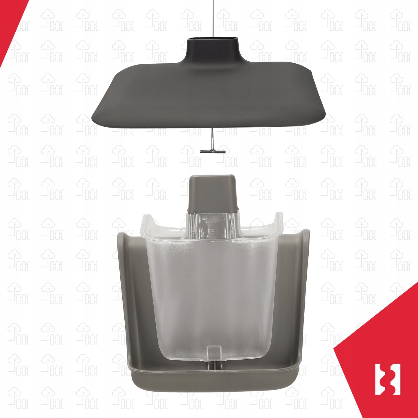 PAUKŠČIŲ LESYKLĖLĖ KABANTIS PLASTIKINIS NAMELIS SKIRTAS GRŪDAMS IR LESALUI SU VIRVELE