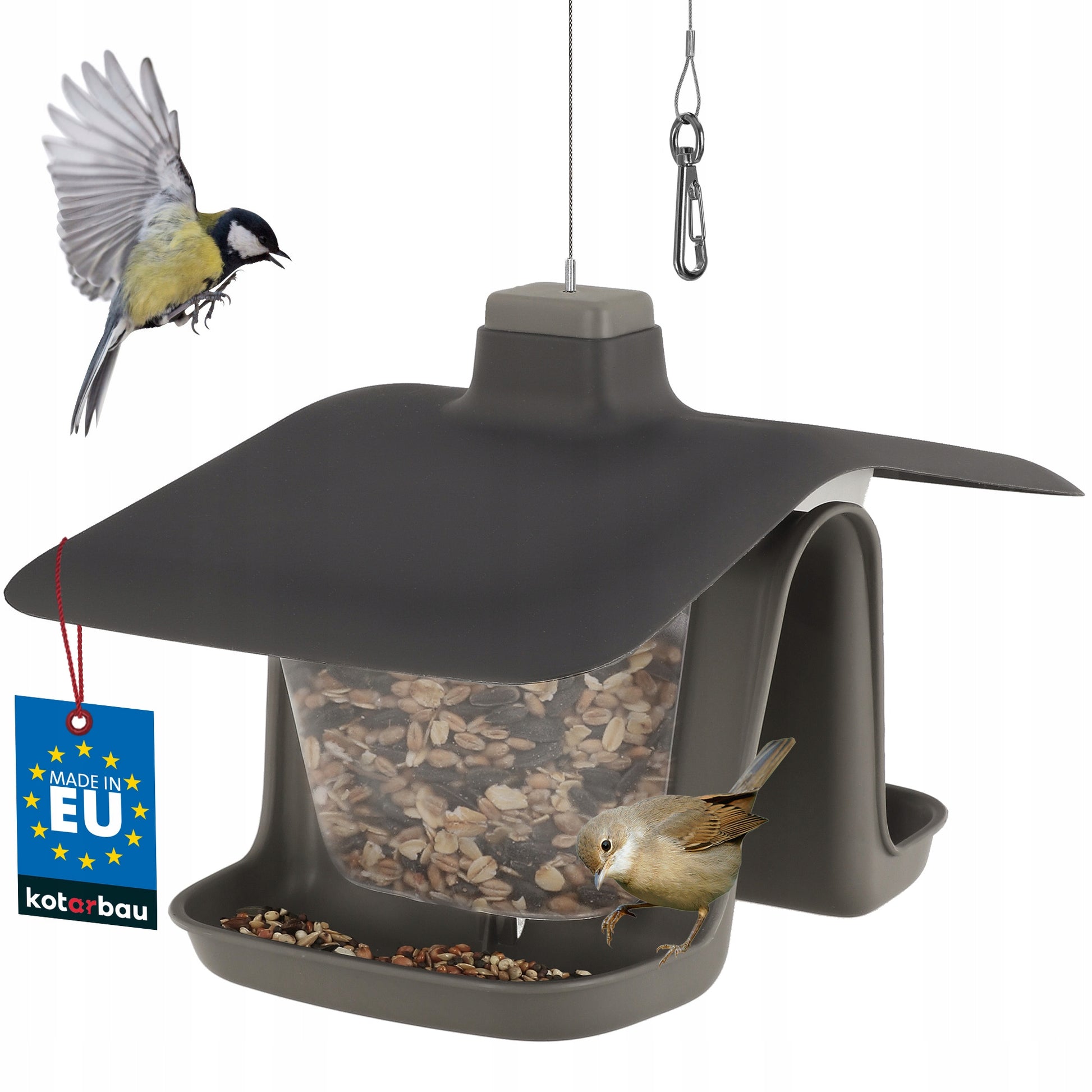 PAUKŠČIŲ LESYKLĖLĖ KABANTIS PLASTIKINIS NAMELIS SKIRTAS GRŪDAMS IR LESALUI SU VIRVELE