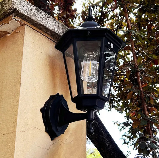 KINKIET SOLARNY RETRO Ozdobny z czujnikiem ruchu i zmierzchu Lampa elewacyjna