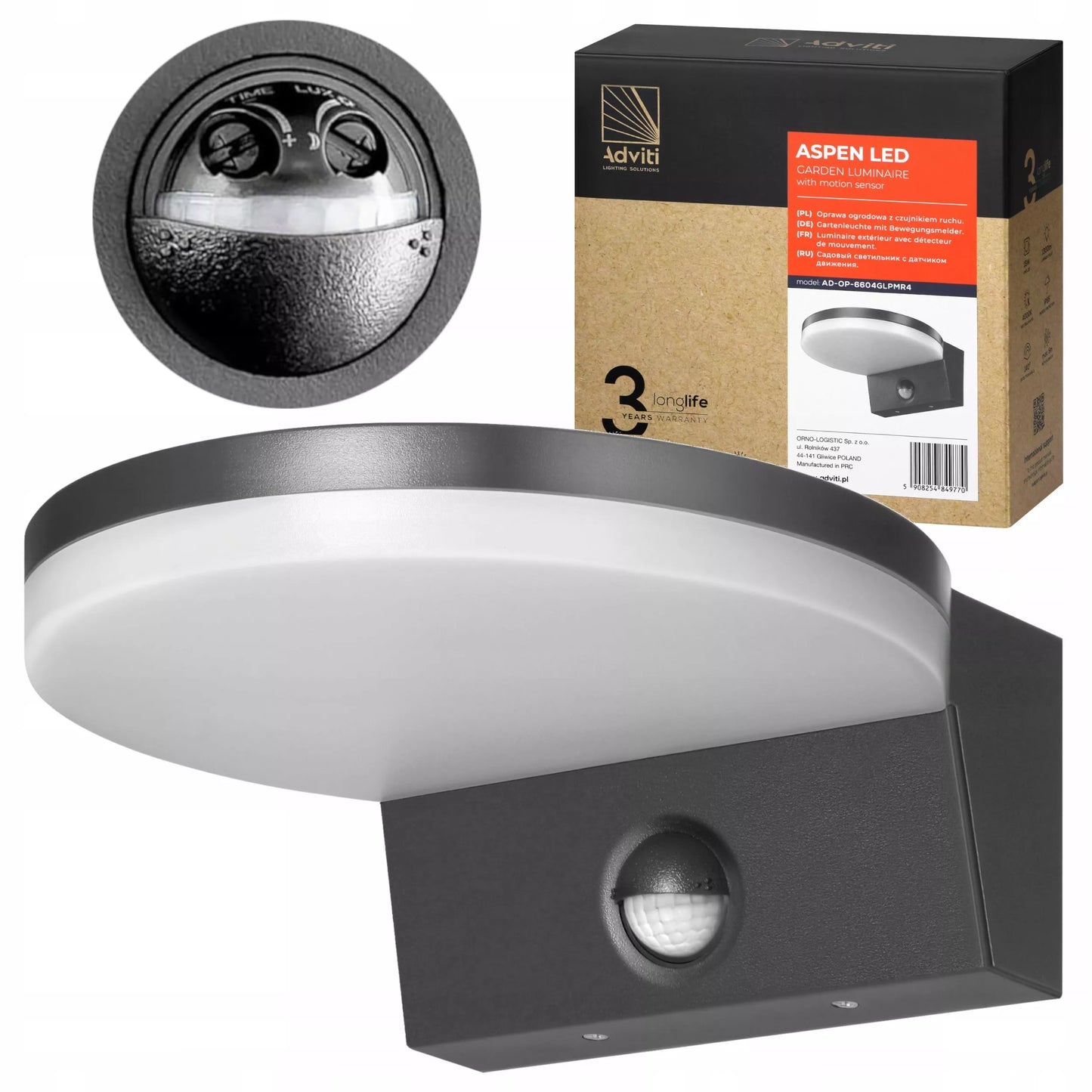 Išorinis LED sieninis šviestuvas su judesio ir sutemų jutikliu 15W IP65 pilkas