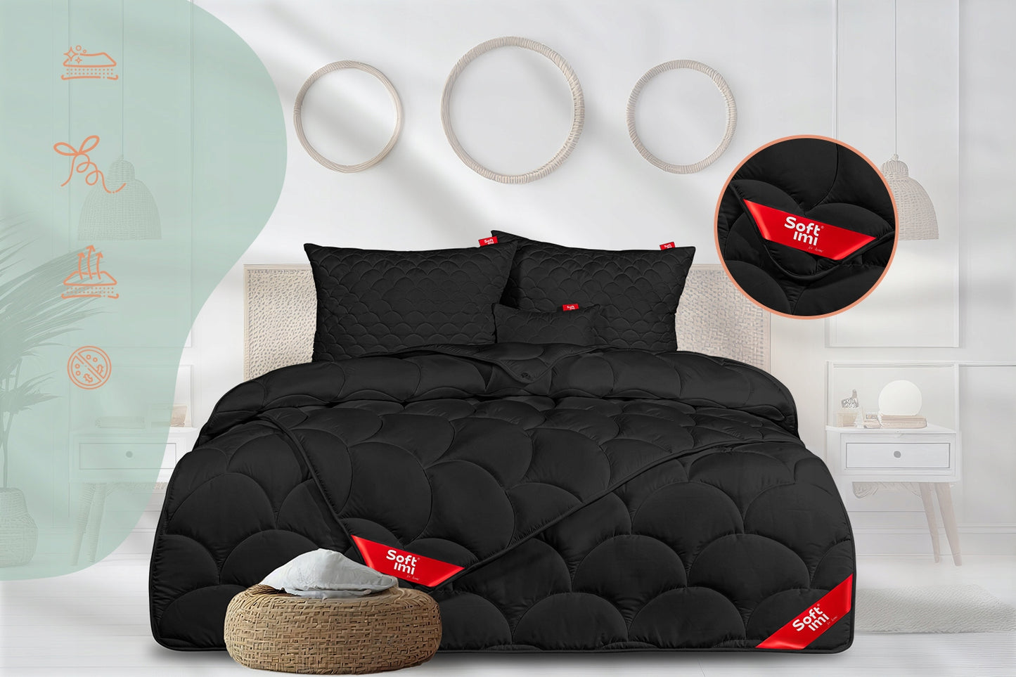 Visasezonė antialerginė antklodė 160x200 + 2 pagalvės 70x80 juodas rinkinys