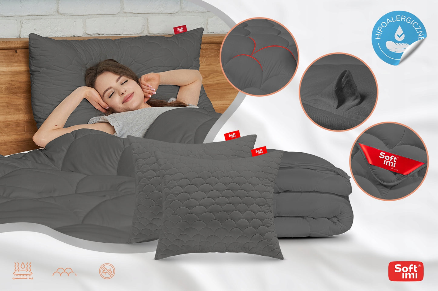 VISASEZONINIS ANIALERGINIS ANKLODĖS IR 2 PAGALVIŲ KOMPLEKTAS 200X200 + 2 PAGALVĖS 70X80 PILKAS