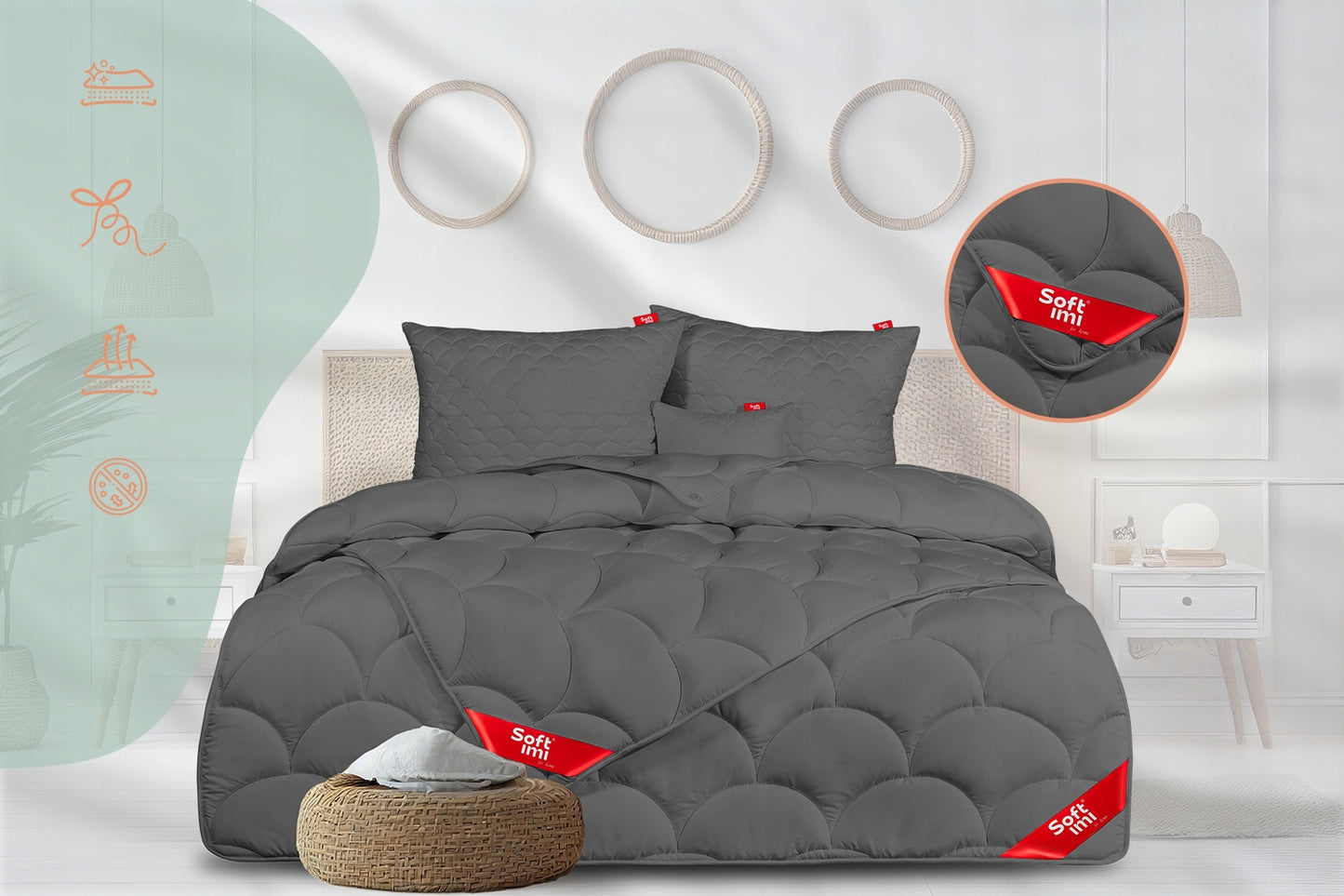 VISASEZONINIS ANIALERGINIS ANKLODĖS IR 2 PAGALVIŲ KOMPLEKTAS 200X200 + 2 PAGALVĖS 70X80 PILKAS